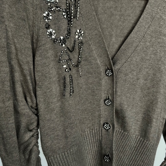 CINQ A SEPT Cardigan Rhinestone Embellished Oatmeal Beige Ruched Sleeve XS - Picture 4 of 6